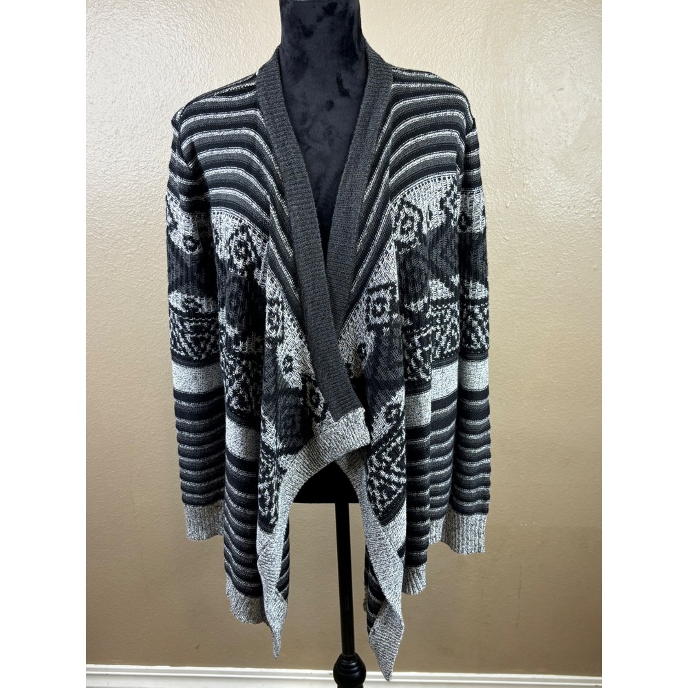 Maurices Womens Small Black Gray Geometric Striped Waterfall Open Front Cardigan